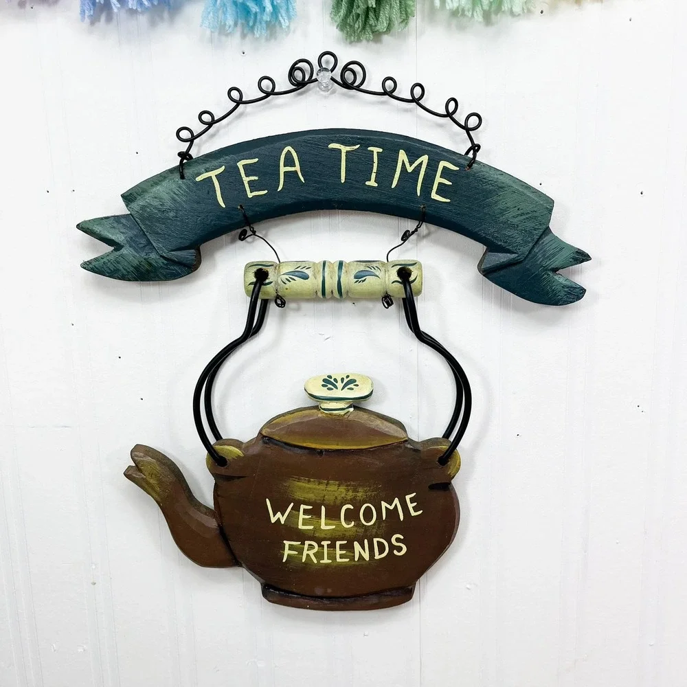 Vintage Rustic Wood Tea Time Welcome Friends Teapot Wall Hanging Kitchen Decor